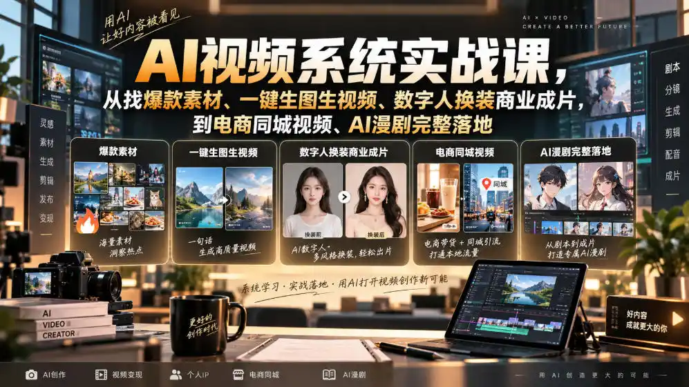 AI视频系统实战课，从找爆款素材、一键生图生视频、数字人换装商业成片，到电商同城视频、AI漫剧完整落地-钱途社