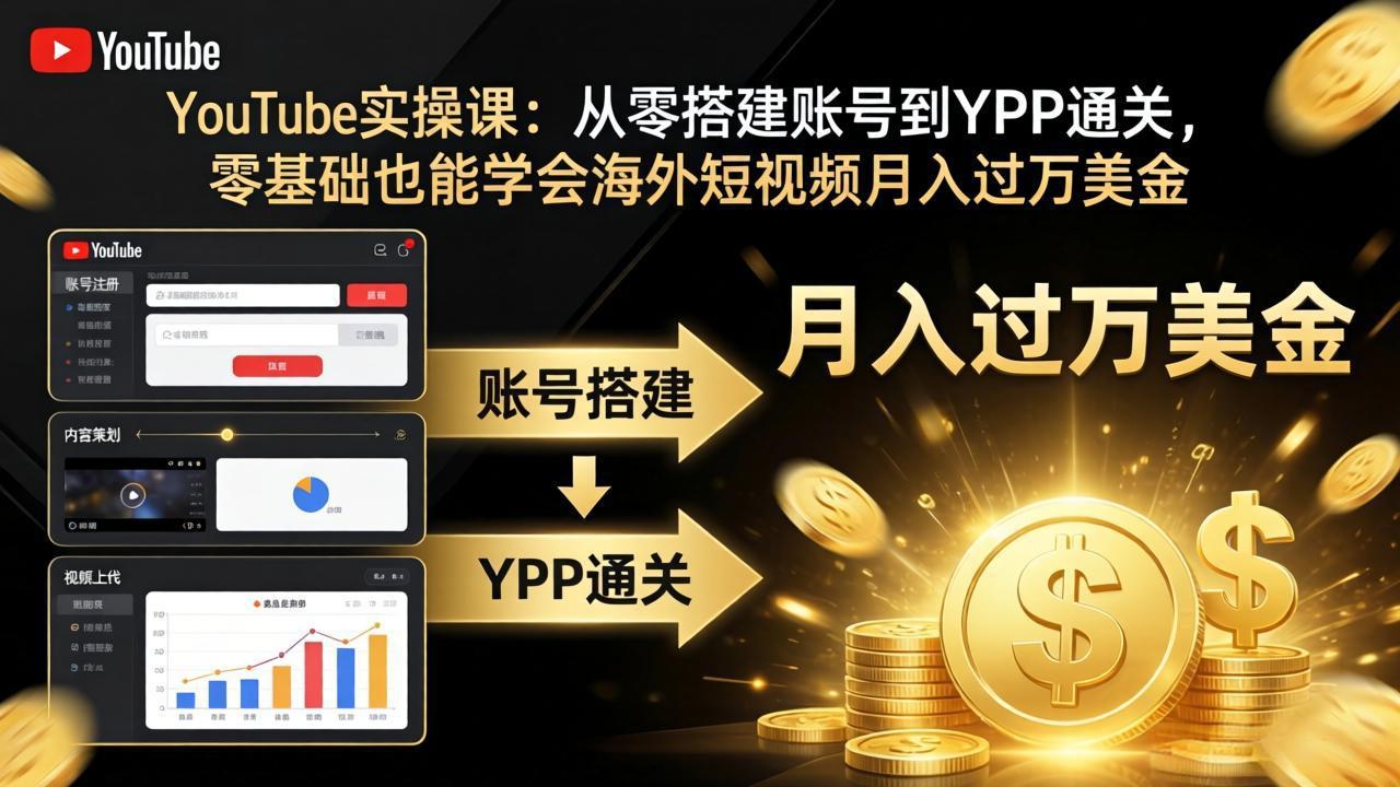 YouTube实操课：从零搭建账号到YPP通关，零基础也能学会海外短视频月入过万美金-钱途社
