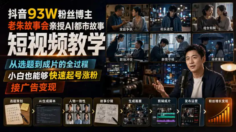 抖音93W粉丝博主老朱故事会亲授AI都市故事短视频教学，从选题到成片的全过程，小白也能够快速起号涨粉接广告变现-钱途社