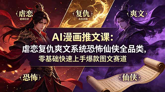 AI漫画推文课：虐恋复仇爽文系统恐怖仙侠全品类，零基础快速上手爆款图文赛道-钱途社
