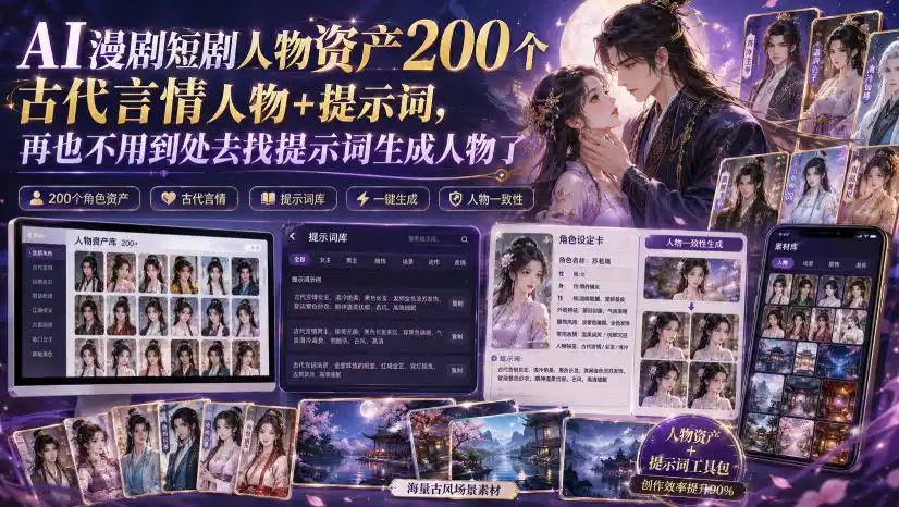 AI漫剧短剧人物资产200个古代言情人物+提示词，再也不用到处去找提示词生成人物了-钱途社