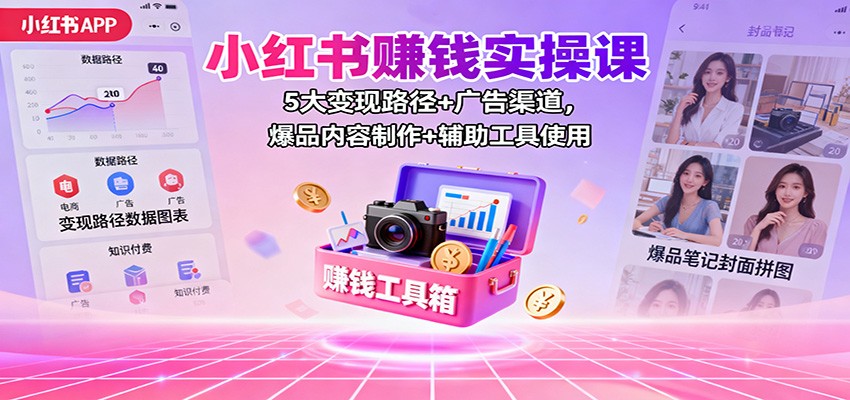 小红书赚钱实操课：5大变现路径+广告渠道，爆品内容制作+辅助工具使用-钱途社