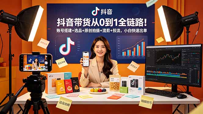 抖音带货从0到1全链路！账号搭建+选品+原创拍摄+混剪+投流，小白快速出单-钱途社