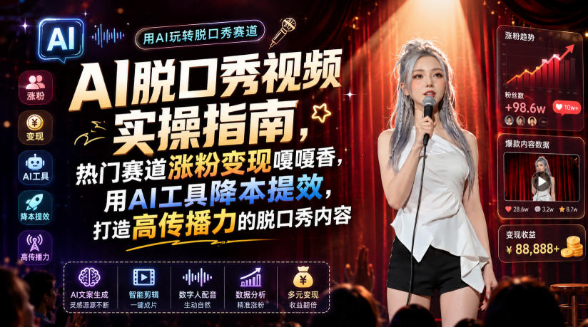 AI脱口秀视频实操指南，热门赛道涨粉变现嘎嘎香，用AI工具降本提效，打造高传播力的脱口秀内容-钱途社