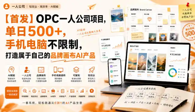 【首发】OPC一人公司项目，单日500+，手机电脑不限制，打造属于自己的品牌画布AI产品，收费陪跑【揭秘】-钱途社