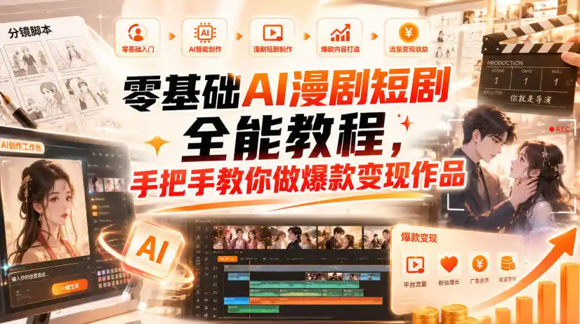 零基础AI漫剧短剧全能教程，从AI智能体搭建、文案脚本分镜、多平台AI生视频、剪映精修，覆盖全题材创作，手把手教你做爆款变现作品-钱途社