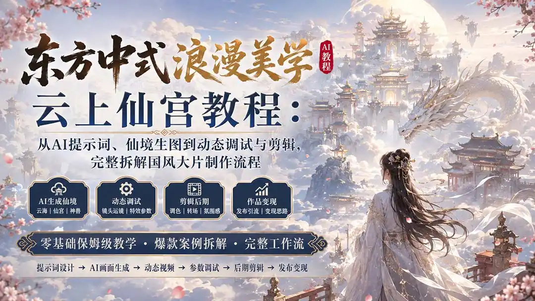 东方中式浪漫美学云上仙宫教程：从AI提示词、仙境生图到动态调试与剪辑，完整拆解国风大片制作流程-钱途社