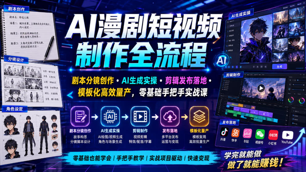 AI漫剧短视频制作全流程｜剧本分镜创作・AI生成实操・剪辑发布落地・模板化高效量产，零基础手把手实战课-钱途社