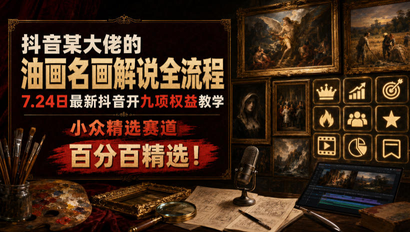 抖音某大佬的油画名画解说全流程，7.24日最新抖音开九项权益教学，小众精选赛道，百分百精选！-钱途社