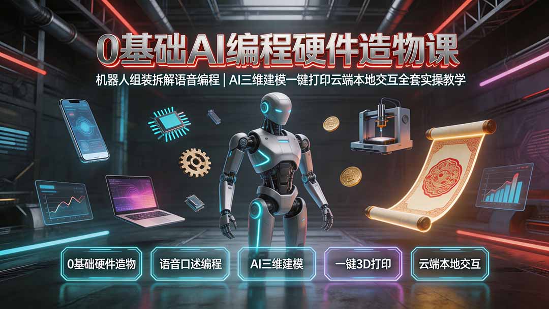 0基础AI编程硬件造物课｜机器人组装拆解语音编程，AI三维建模一键打印云端本地交互全套实操教学-钱途社