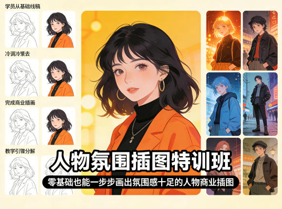 人物氛围插图特训班，零基础也能一步步画出氛围感十足的人物商业插图-钱途社