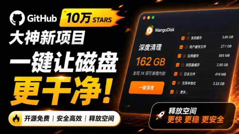 在Gtihub上做出10万stars的大神，又发布新项目了！一键让磁盘更干净，开源免费清理工具MangoDisk-钱途社