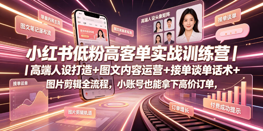 小红书低粉高客单实战训练营｜高端人设打造+图文内容运营+接单谈单话术+图片剪辑全流程，小账号也能拿下高价订单-钱途社