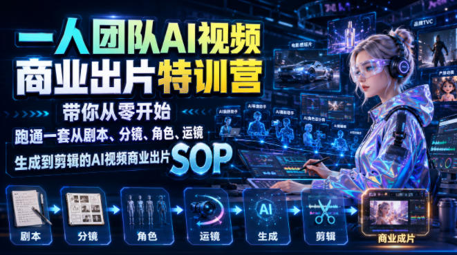 一人团队AI视频商业出片实战课：带你从零开始跑通一套从剧本、分镜、角色、运镜、生成到剪辑的AI视频商业出片SOP-钱途社