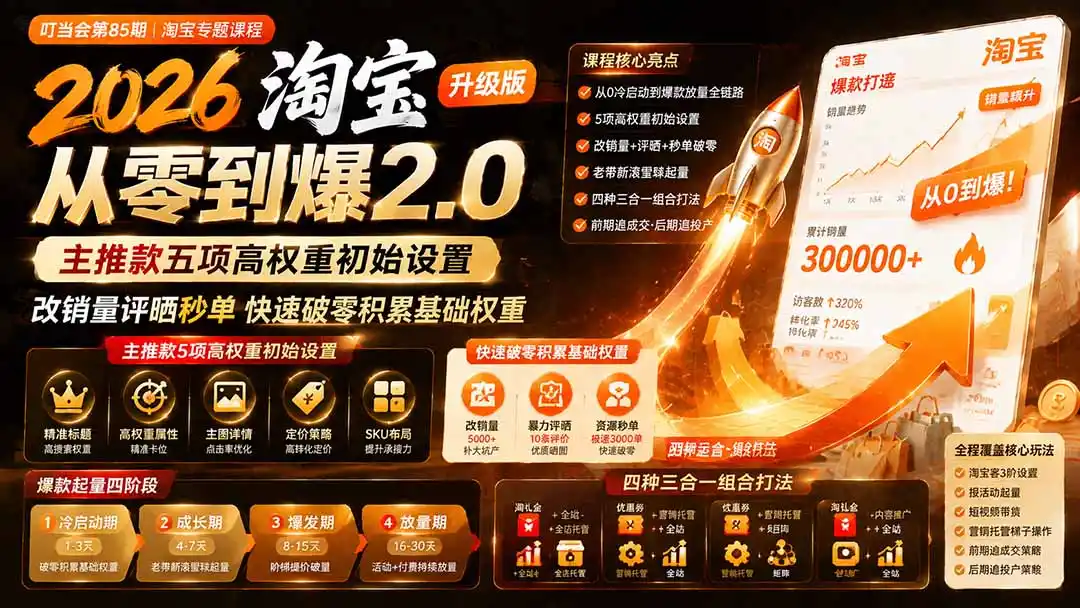 2026淘宝从零到爆2.0第85期；主推款五项高权重初始设置，改销量评晒秒单快速破零积累基础权重-钱途社