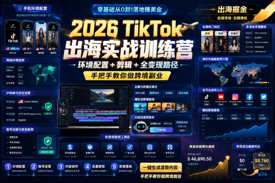 2026 TikTok出海实战训练营，环境配置 + 剪辑 + 全变现路径，手把手教你做跨境副业-钱途社