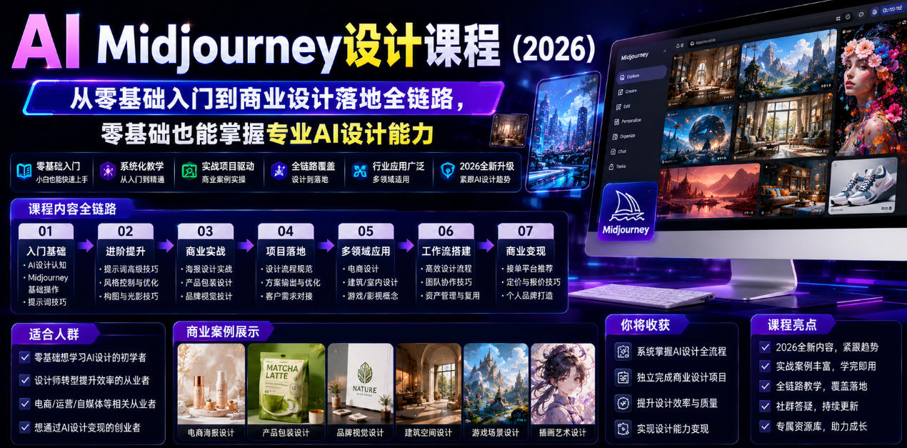 AI Midjourney设计课程（2026），从零基础入门到商业设计落地全链路，零基础也能掌握专业AI设计能力-钱途社