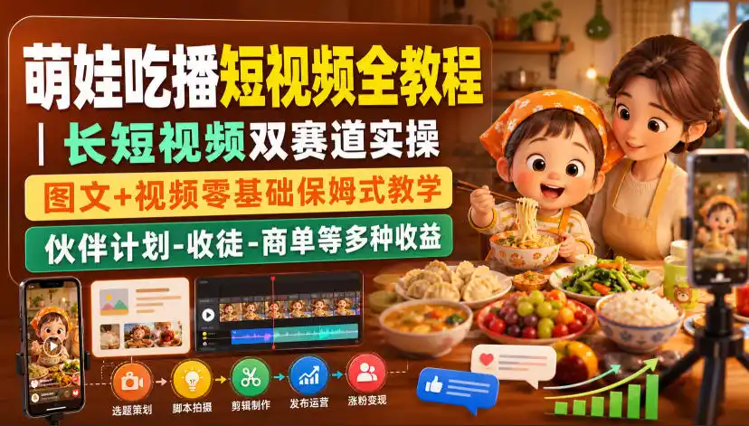萌娃吃播短视频全教程｜长短视频双赛道实操，图文+视频零基础保姆式教学，伙伴计划-收徒-商单等多种变现方式-钱途社