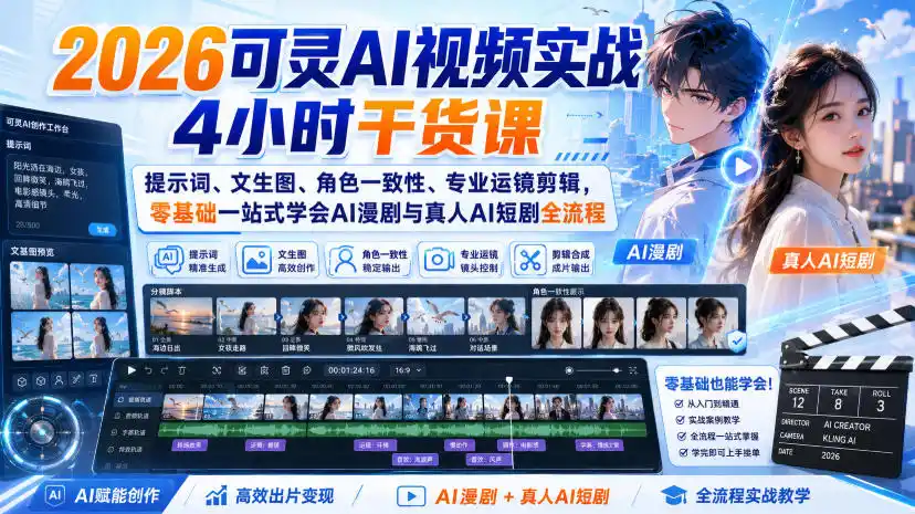 2026可灵AI视频实战4小时干货课｜提示词、文生图、角色一致性、专业运镜剪辑，零基础一站式学会AI漫剧与真人AI短剧全流程-钱途社