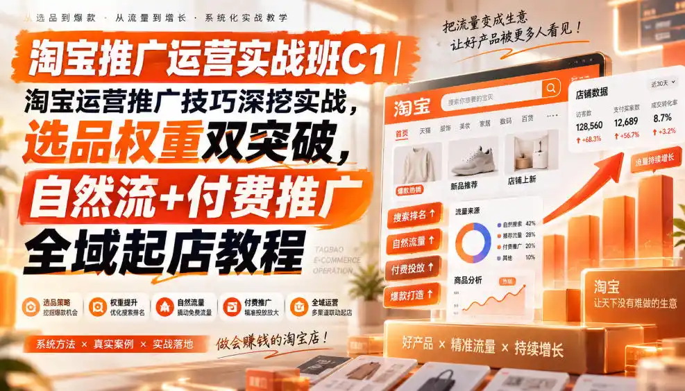 淘宝推广运营实战班C1｜淘宝运营推广技巧深挖实战，选品权重双突破，自然流+付费推广全域起店教程-钱途社