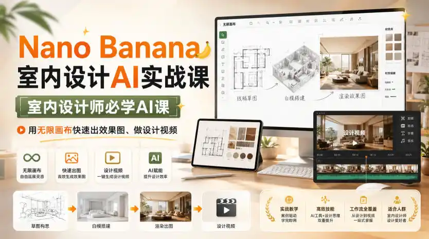 Nano Banana室内设计AI实战课，室内设计师必学AI课，用无限画布快速出效果图、做设计视频-钱途社