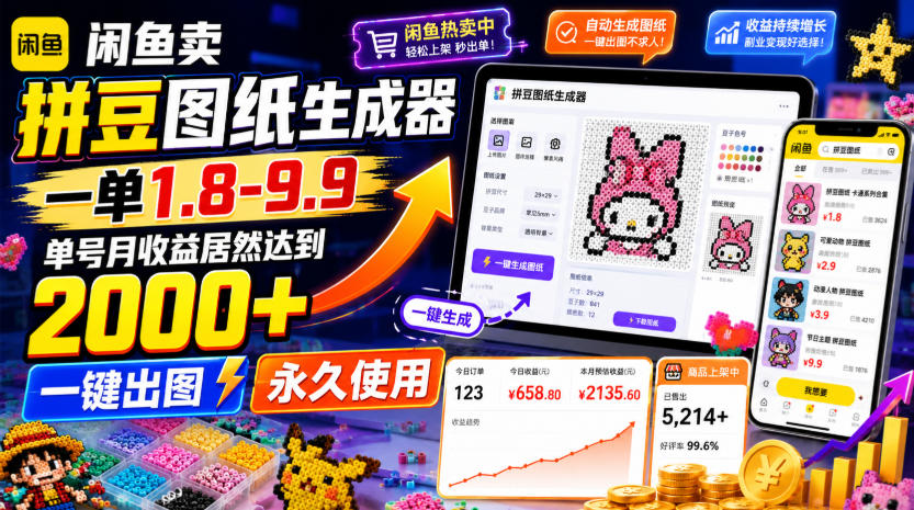 闲鱼卖拼豆图纸生成器，一单1.8-9.9，单号月收益居然达到2000+一键出图永久使用-钱途社