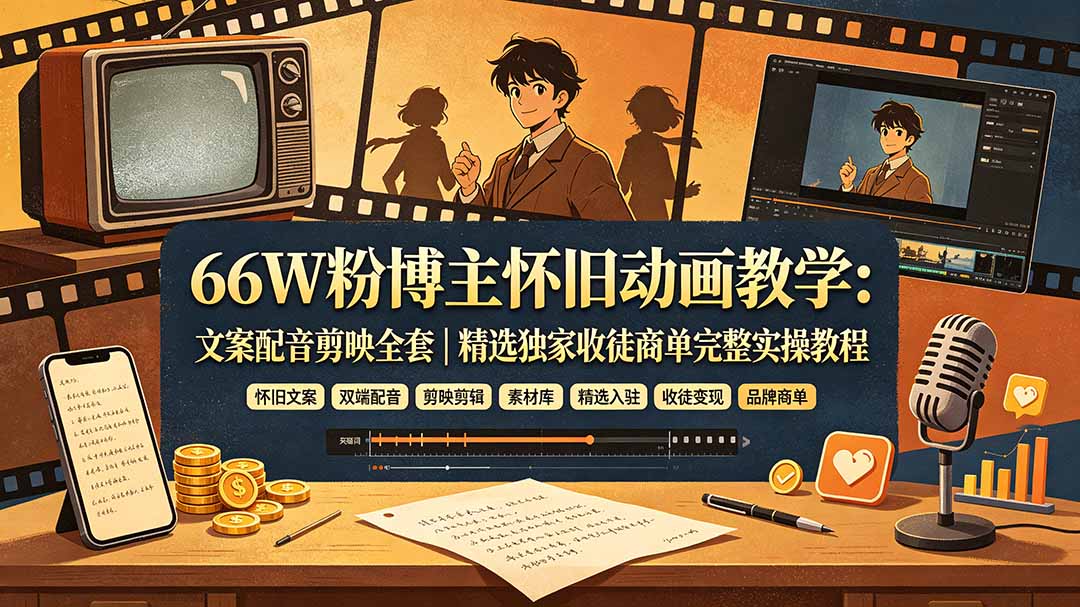 66W粉博主怀旧动画教学：文案配音剪映全套｜精选独家收徒商单完整实操教程-钱途社