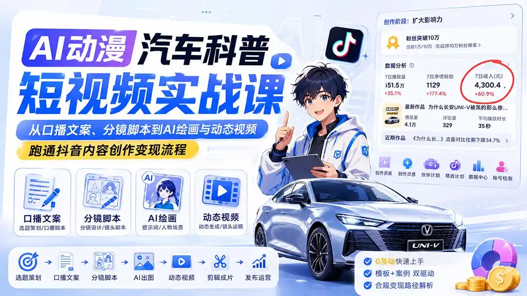 AI动漫汽车科普短视频实战课：从口播文案、分镜脚本到AI绘画与动态视频，跑通抖音内容创作变现流程-钱途社