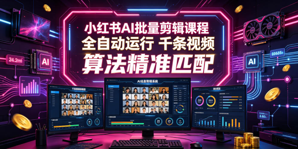 小红书AI批量剪辑课程，24小时全自动运行，解放双手专注运营，千条视频批量处理，小红书算法精准匹配-钱途社