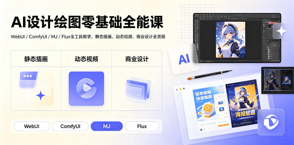 AI设计绘图零基础全能课｜WebUI/ComfyUI/MJ/Flux全工具教学，静态插画、动态视频、商业设计全流程-钱途社