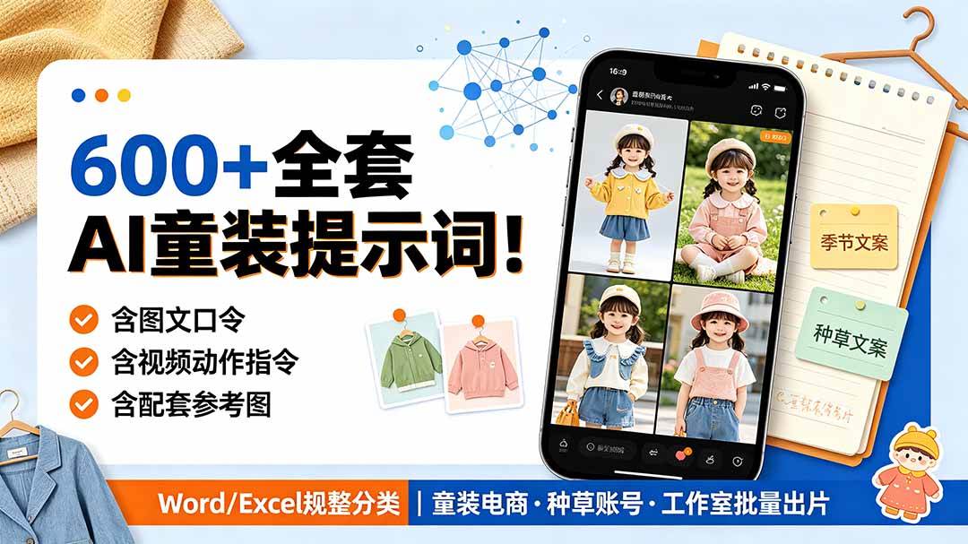 （19302期）600+全套AI童装提示词！含图文口令+视频动作指令+配套参考图，Word/Excel规整分类，童装电商、种草无脑量产内容-钱途社