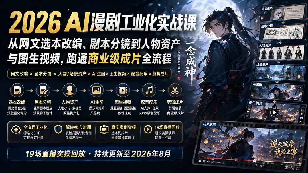 2026 AI漫剧工业化实战课-更新：从网文选本改编、剧本分镜到人物资产与图生视频，跑通商业级成片全流程-钱途社