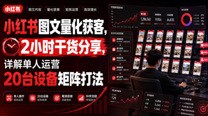 小红书图文量化获客，2小时干货分享，详解单人运营20台设备矩阵打法-钱途社