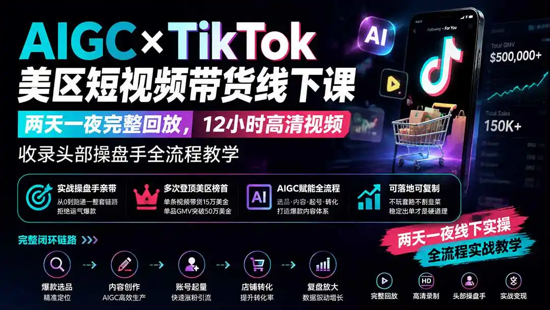 AIGC×TikTok美区短视频带货线下课；两天一夜完整回放，12小时高清视频收录头部操盘手全流程教学-钱途社