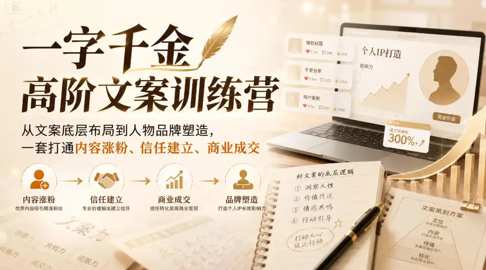 一字千金高阶文案训练营，从文案底层布局到人物品牌塑造，一套打通内容涨粉、信任建立、商业成交-钱途社