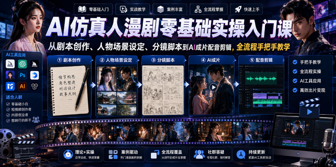 AI仿真人漫剧零基础实操入门课，从剧本创作、人物场景设定、分镜脚本到AI成片配音剪辑，全流程手把手教学-钱途社