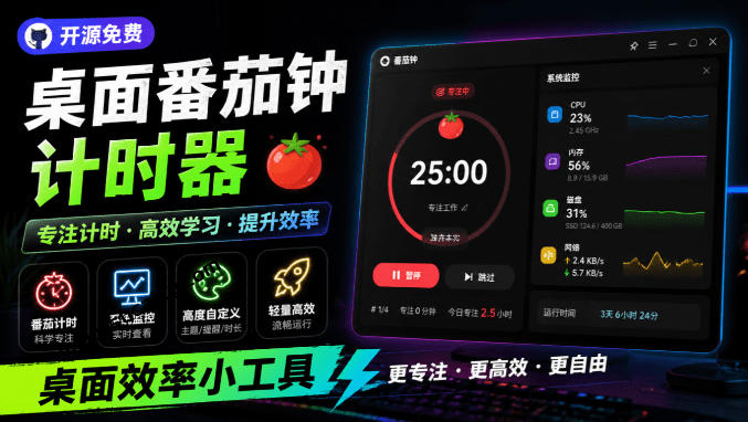 仅1.16MB，开源极简的桌面时钟、番茄钟计时器，还支持系统监控显示，桌面效率小工具Catime-钱途社
