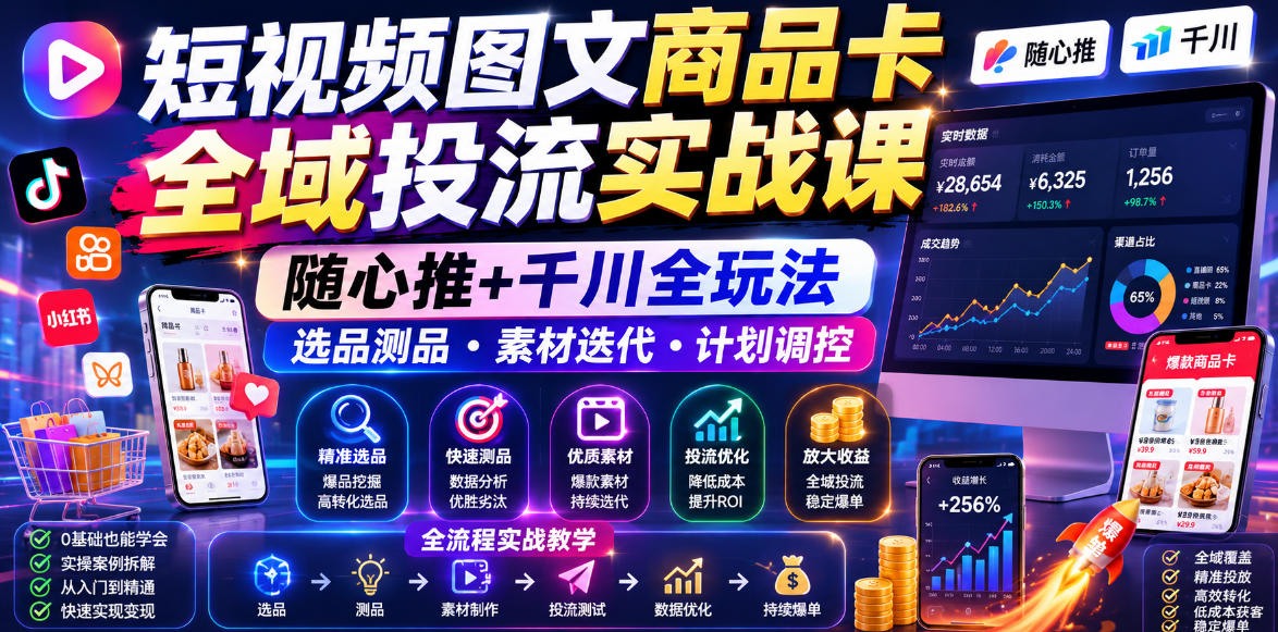短视频图文商品卡全域投流实战课，随心推+千川全玩法，选品测品・素材迭代・计划调控，提升ROI爆单增收教程-钱途社