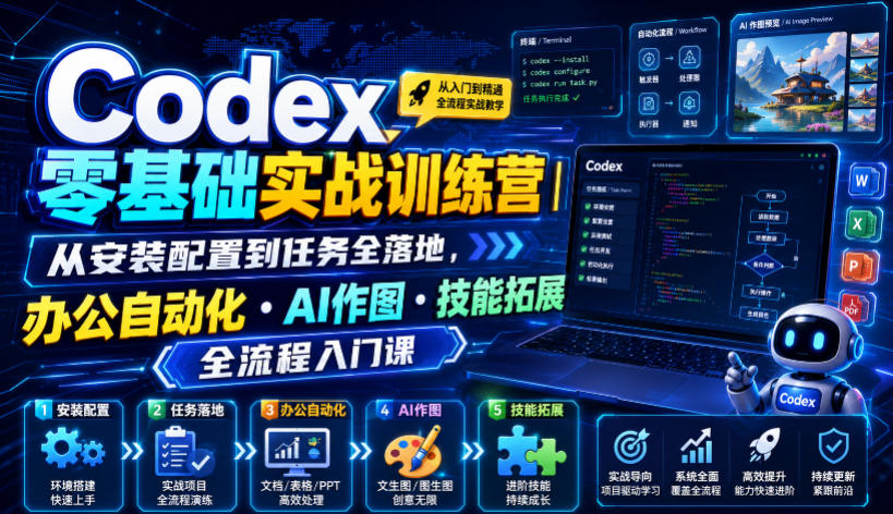 Codex零基础实战训练营｜从安装配置到任务全落地，办公自动化・AI作图・技能拓展全流程入门课-钱途社