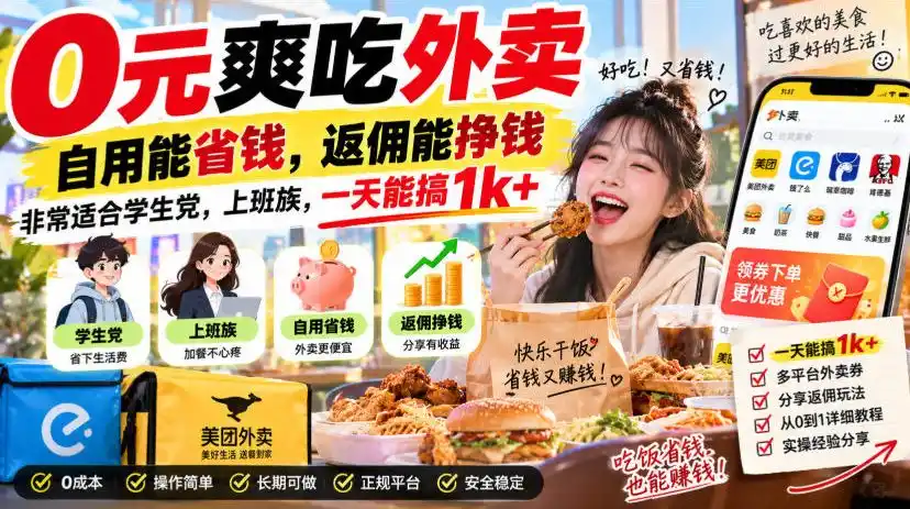 0元爽吃外卖，自用能省钱，返佣能挣钱，非常适合学生党，上班族，一天能搞1k+-钱途社