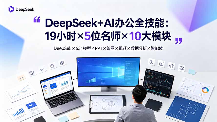 DeepSeek+AI办公全技能：19小时×5位名师×10大模块，DeepSeek×631模型×PPT×绘图×视频×数据分析×智能体-钱途社