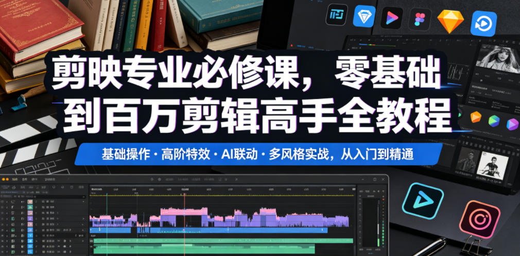 剪映专业必修课，零基础到百万剪辑高手全教程，基础操作・高阶特效・AI联动・多风格实战，从入门到精通-钱途社