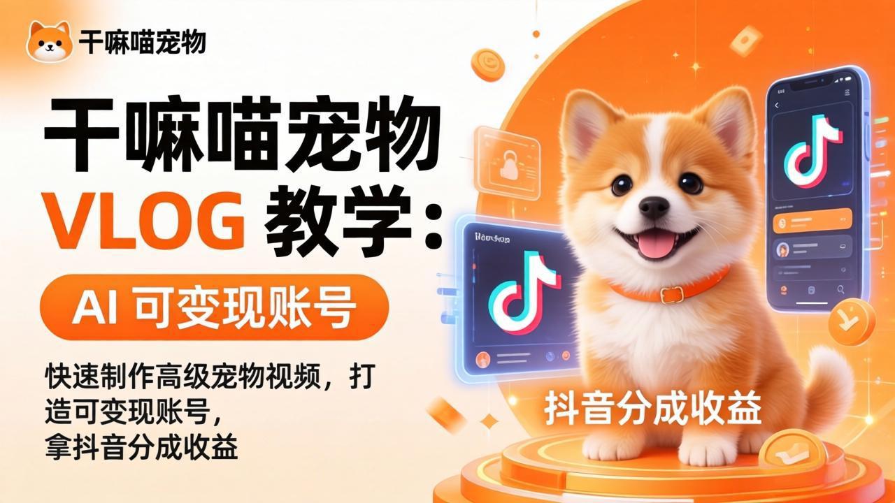 干嘛喵宠物 VLOG 教学：AI 快速制作高级宠物视频，打造可变现账号，拿抖音分成收益-钱途社