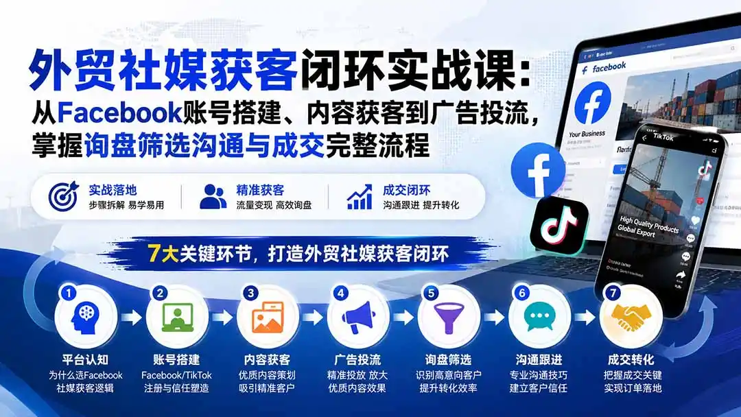 外贸社媒获客闭环实战课：从Facebook账号搭建、内容获客到广告投流，掌握询盘筛选沟通与成交完整流程-钱途社