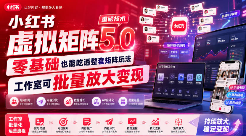 小红书虚拟矩阵5.0重磅技术，零基础也能吃透整套矩阵玩法，工作室可批量放大变现-钱途社
