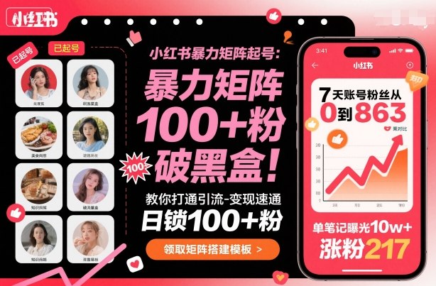 小红书暴力矩阵起号，教你打通引流-变现速通，日锁100+粉，破流量黑盒-钱途社