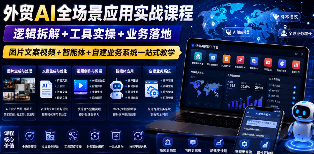 外贸AI全场景应用实战课程｜逻辑拆解+工具实操+业务落地，图片文案视频+智能体+自建业务系统一站式教学-钱途社