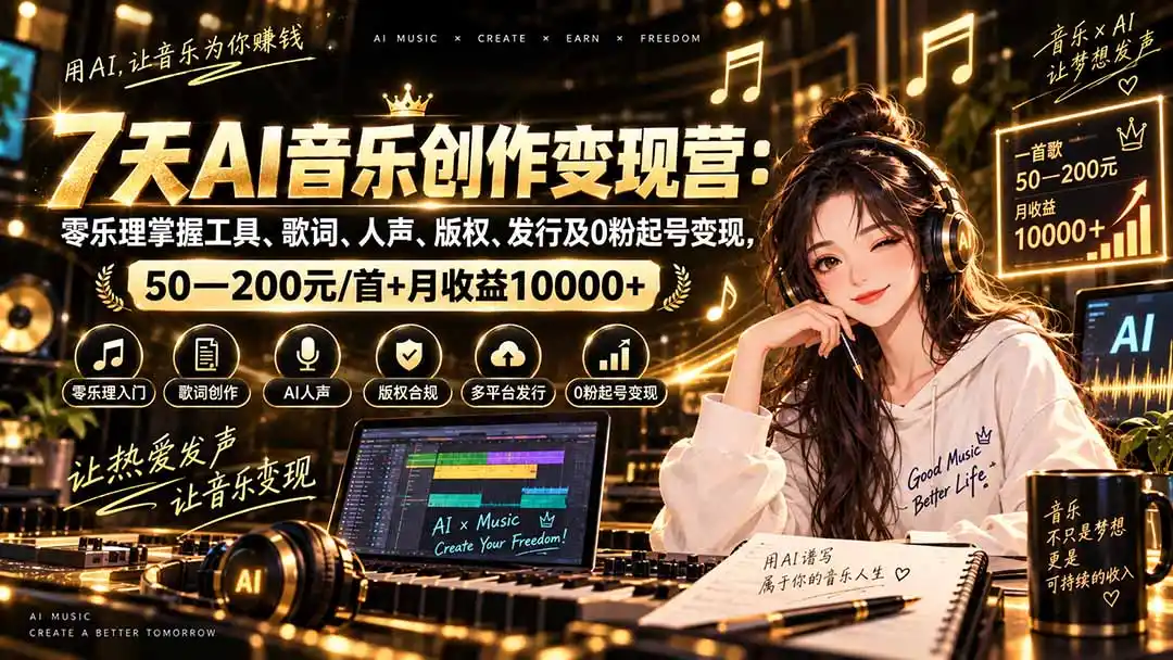 AI音乐创作变现营：零乐理掌握工具、歌词、人声、版权、发行及0粉起号变现，50—200元/首+月收益10000+-钱途社