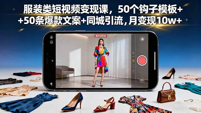 服装类短视频变现课，50个钩子模板+50条爆款文案+同城引流，月变现10w+-钱途社