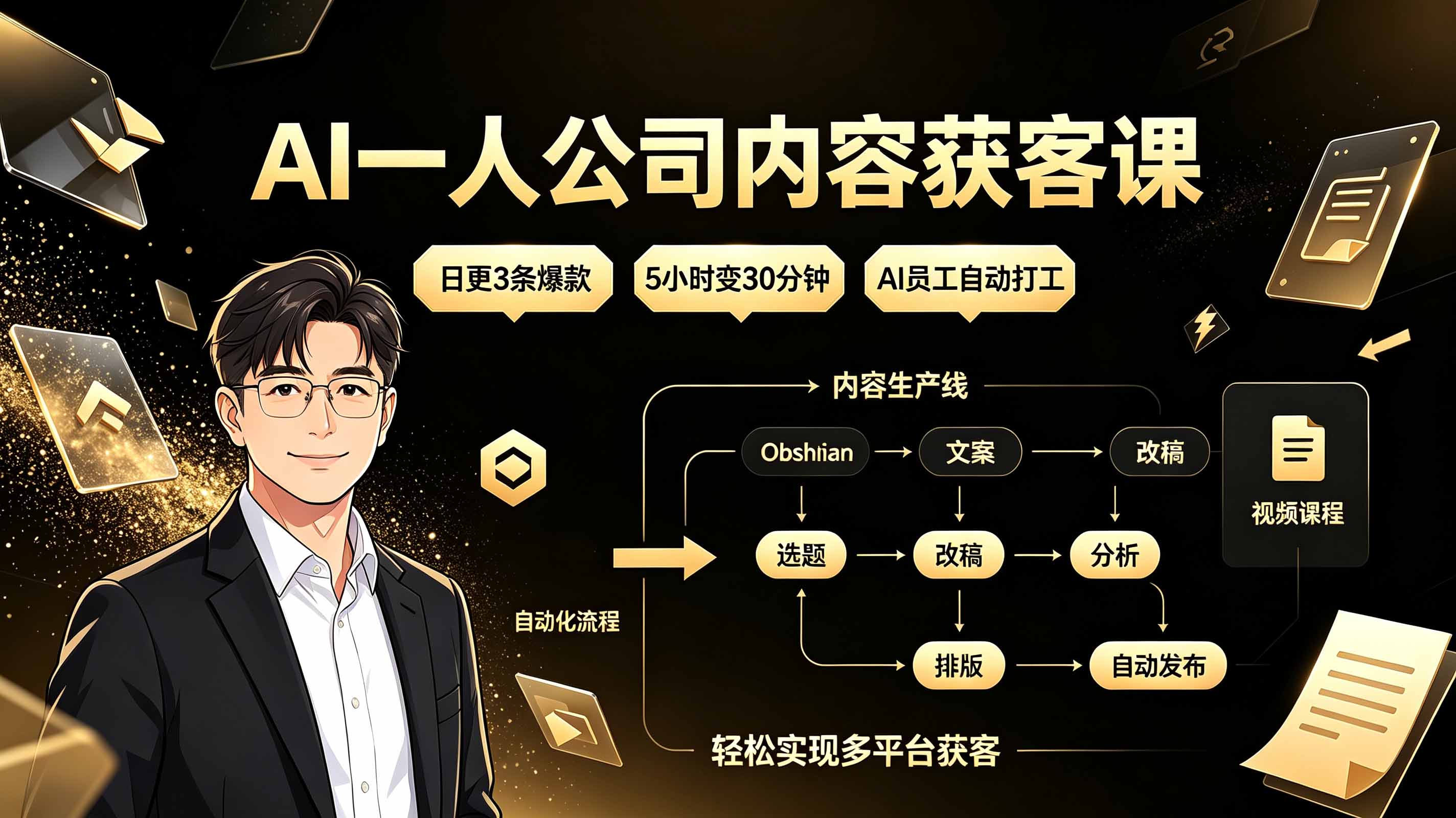 AI一人公司内容获客课：日更3条爆款×5小时变30分钟×AI员工自动打工，轻松实现多平台获客-钱途社